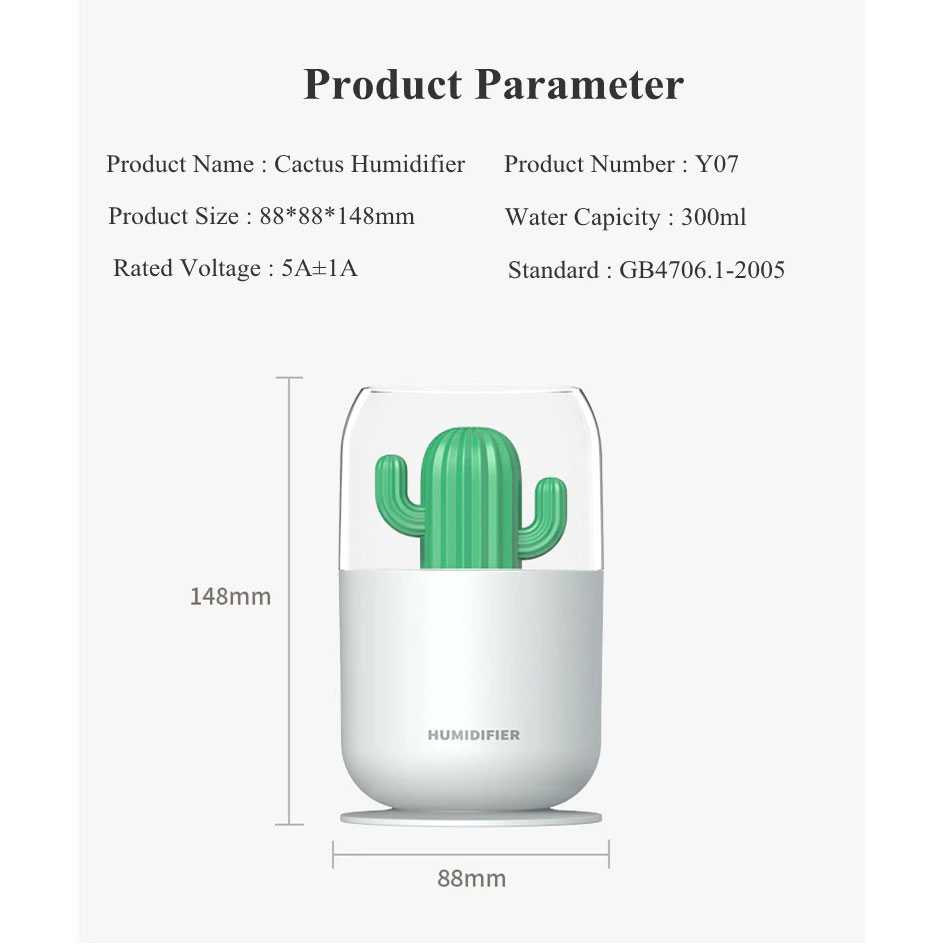 Air Humidifier 300ml Pelembab Udara Aromatherapy Kaktus Cactus - Y07