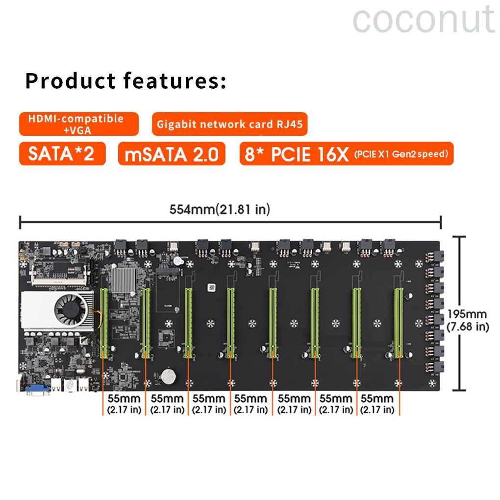 BTC-D37 Computer Motherboard 8 PCI-E 16X Slots Mining Motherboard with Integrated CPU DDR3 Memory coconut.id