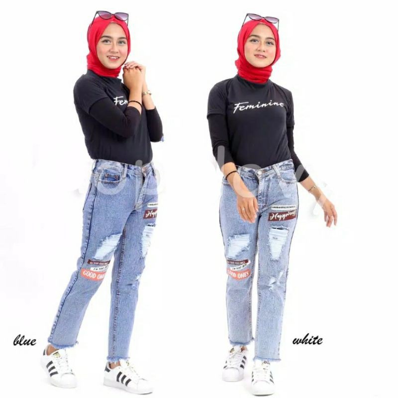 BOYFRIEND JEANS WANITA SOBEK SABLON//CELANA WANITA HITS BOYFRIEND ACID//JEANS SABLON BE HAPPY