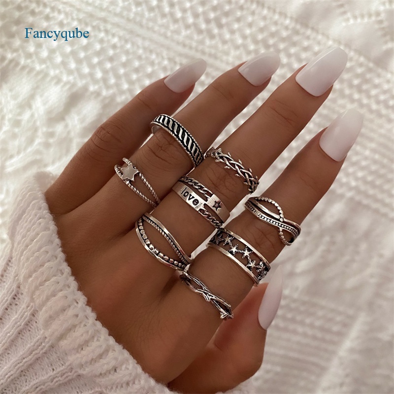 Fancyqube 8pcs / Set Cincin Bentuk Bulat Geometris Bahan Alloy Warna Emas Perak Gaya Punk Untuk Wanita