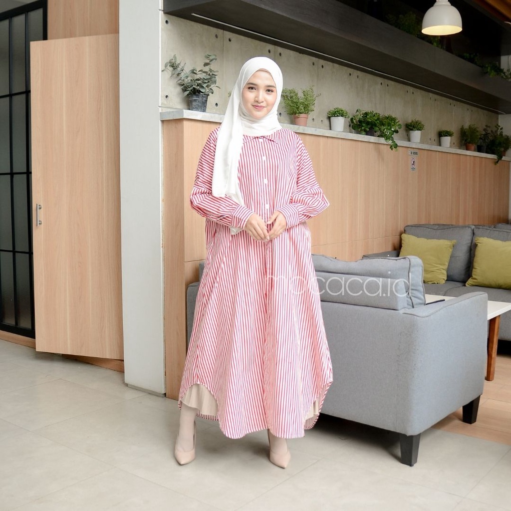 kemeja kerja katun poplin premium adem salur belang merah putih lengan balon saku samping bisa jadi outer agustus