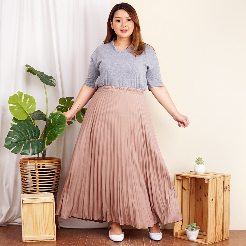 ROK PLISKET JUMBO XXL PAYUNG PLEATED SKIRT MURAH MUSLIM IBU ACARA POLOS ROK PANJANG PAYUNG MAYUNG-choco