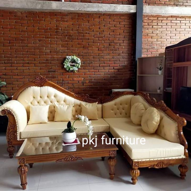 sofa sudut ukir jati / kursi sudut jepara / sofa tamu