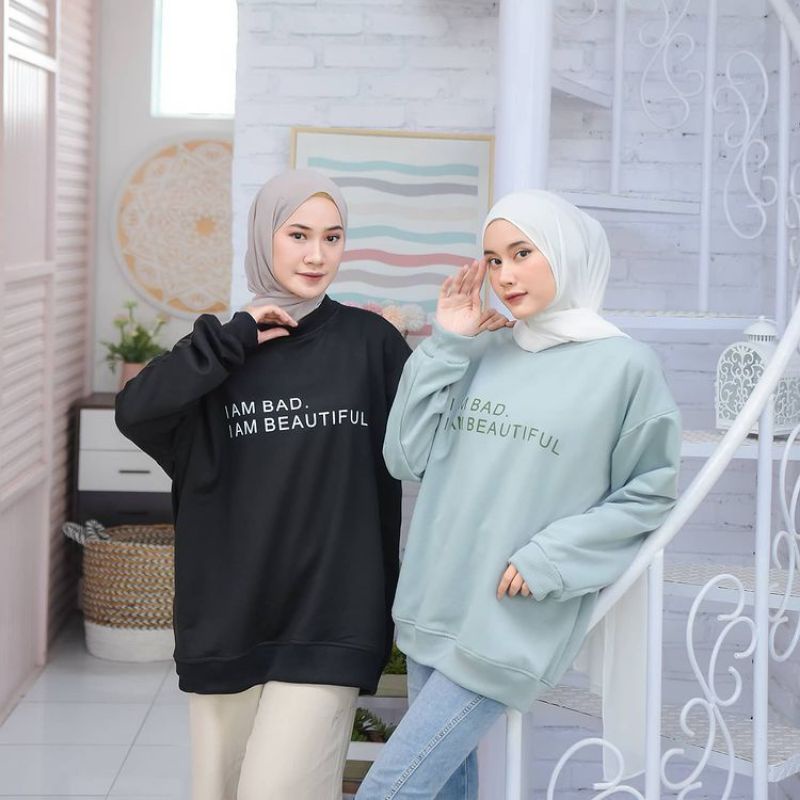 sweater wanita I Am BAD XXL Sweater oversize terbaru keren elegan trend 2021/sweater wanita bahan fleece soft