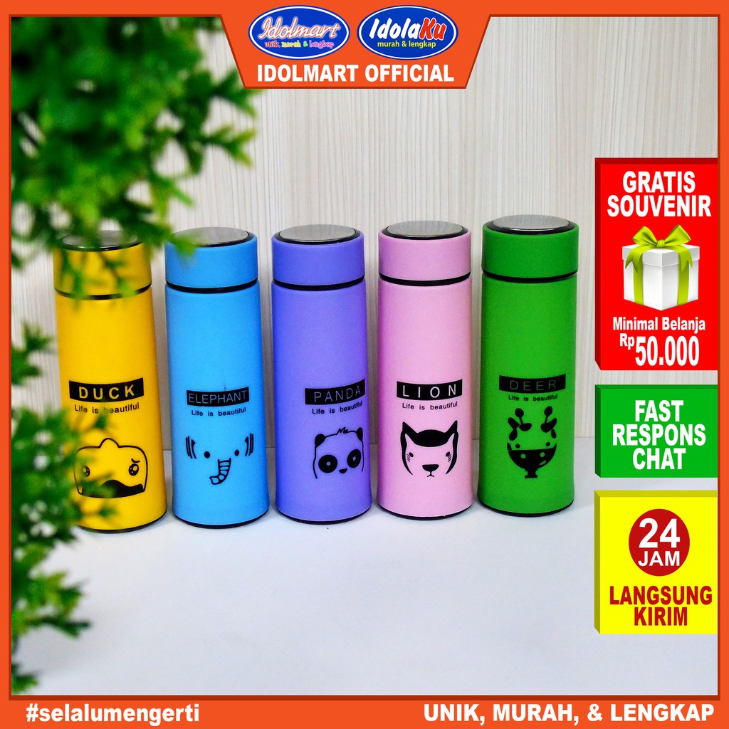 IDOLAKU Botol Minum Kaca Animal lucu 450ml/ Beling Cover Plastik /Original 60up