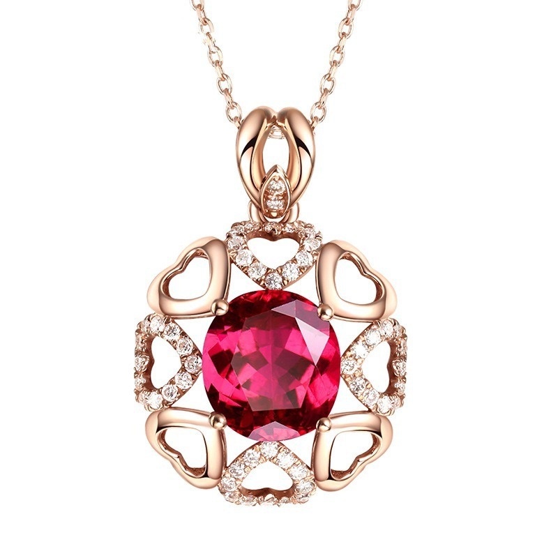 [Ready Stock]Fashion Ruby Diamond Flower Heart Pendant Necklace