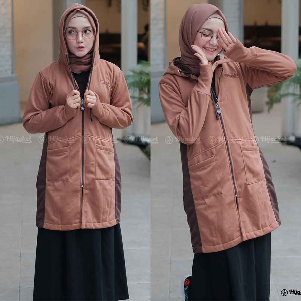 Jaket Jacket Hoodie Panjang Wanita Cewek Muslimah Hijabers Roundhand Finger Handsock Hijacket Avia-Coklat