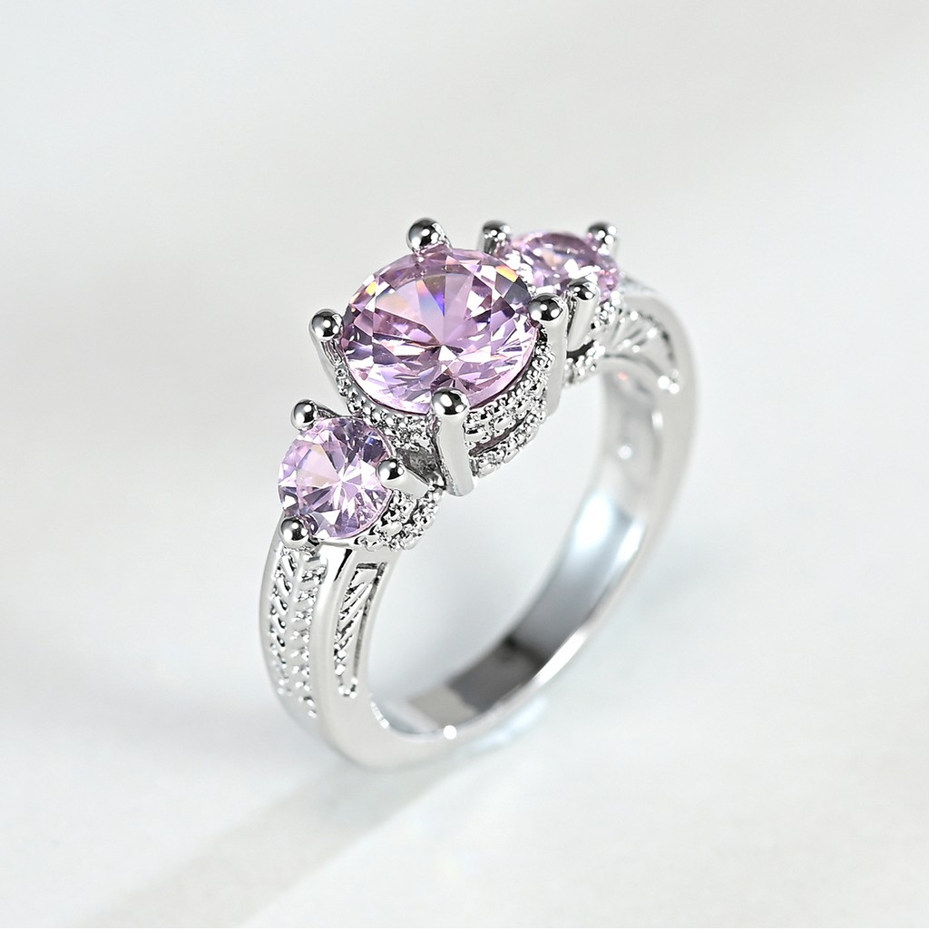 Cincin Perak 925 Asli Cincin Perak untuk Wanita Tiga Pink Zircon Crystal Cincin Fashion Aksesoris Perhiasan