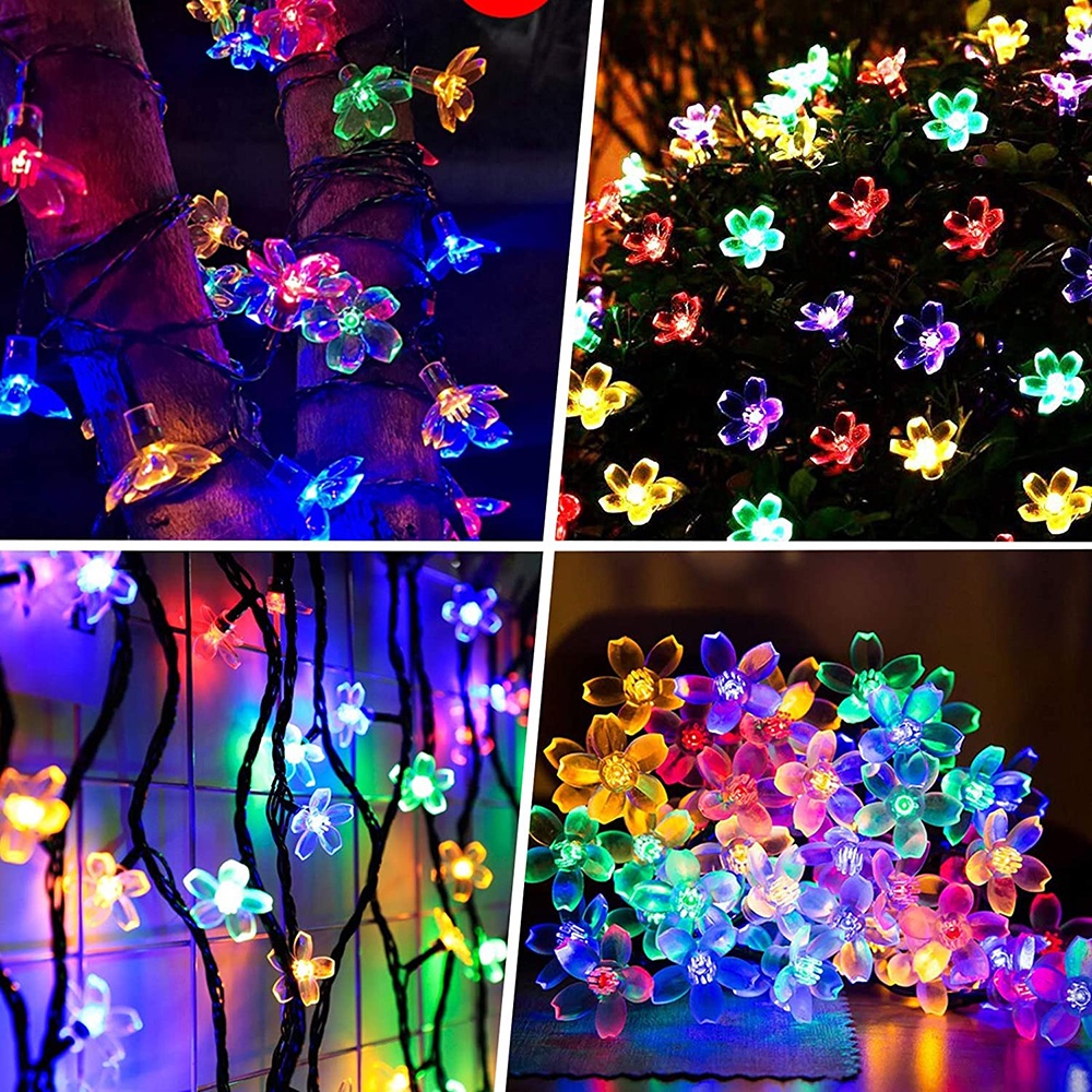 Lampu LED Tumblr Hias Taman Bunga Kristal Warna Warni Tenaga Surya Dekorasi 50 LED 7 Meter Anti Air with Solar Panel waterproof Solar Flower Lawn Lamps IP44 Cherry Blossoms String Lights Outdoor Fairy Light for Patio Garden Fence Christmas Holiday Decor