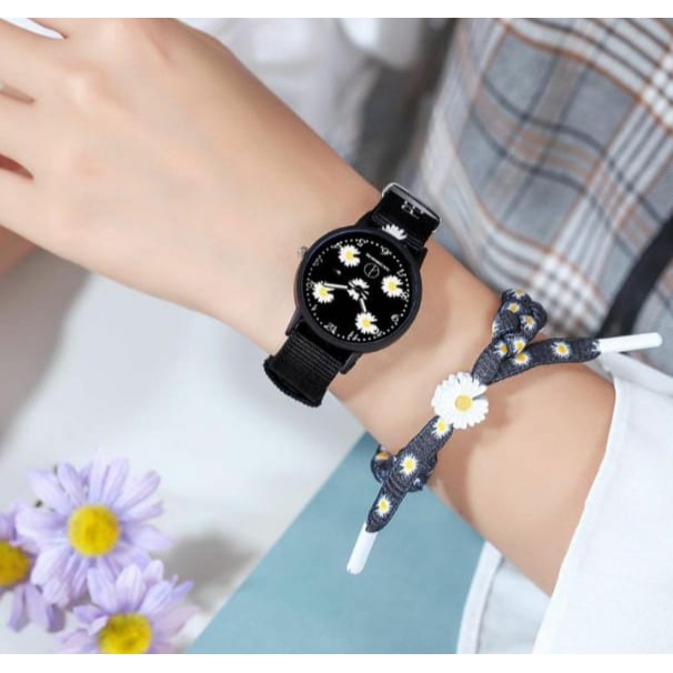 (KW)Jam Tangan Wanita Quartz Analog Motif Bunga Daisy Bahan Nilon Kanvas