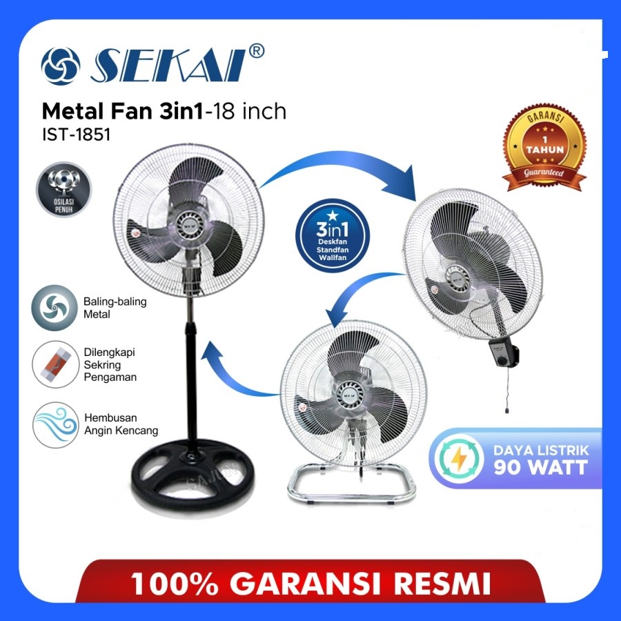 KIPAS ANGIN BESI TORNADO SEKAI 18&quot; 18INCH IST-1851 INDUSTRIAL FAN 3IN1 KIPAS BERDIRI MEJA GANTUNG STAND FAN