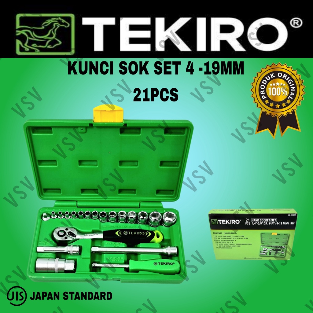 TEKIRO Kunci Sok set 4-19mm 21pcs 1/4&quot;-3/8&quot; Drive Hand Socket set 21pcs