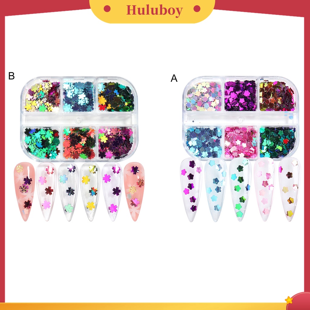 Huluboy Huluboy♡ 6 Grids / Box Serpihan Glitter Sequin Bentuk Bunga Ultra Tipis Untuk Dekorasi Manicure Charms