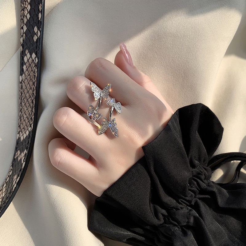 Double Butterfly Diamond Ring Pembukaan Cincin Dapat Disesuaikan Wanita Fashion Perhiasan Aksesoris Hadiah Natal -Won