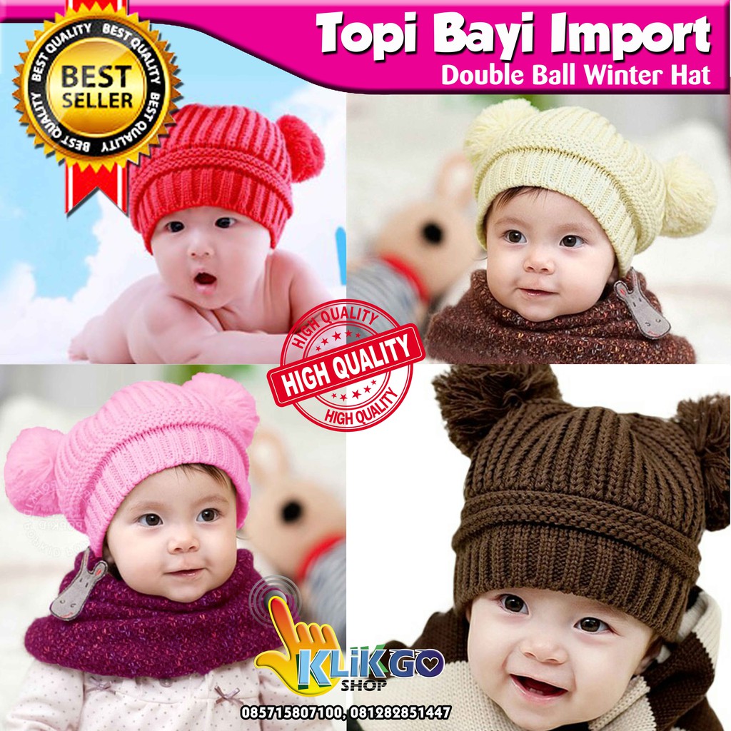 TOPI RAJUT BAYI IMPORT DOUBLE BALL KUPLUK BAYI TOPI ANAK