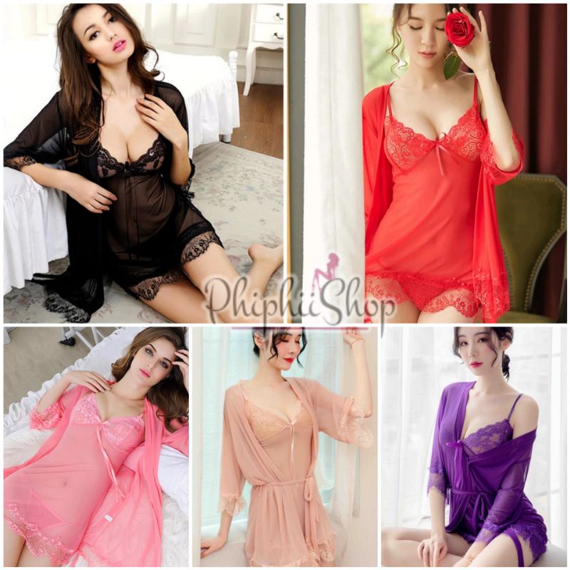 《Phiphii》Lingerie Dress + Kimono Sexy Renda 5 Warna