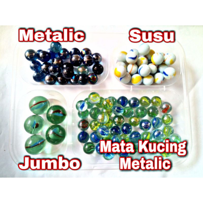 Kelereng Campur (Mata Kucing, Belimbing, Metalic Polos, Susu, Jumbo) Isi 100 Pcs
