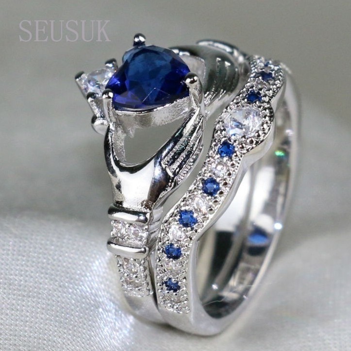 SEUSUK Couple Rings Blue Dragon Pattern Band Claddagh White Gold Filled Sapphire Wedding Ring