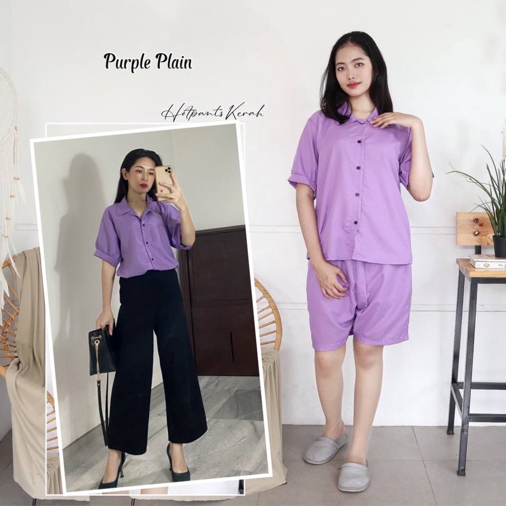 IZANY Piyama Dewasa Hotpant Lengan Balon / HP / Set Celana Pendek Dewasa banyak varian RAYON-PURPLE PLAIN SA