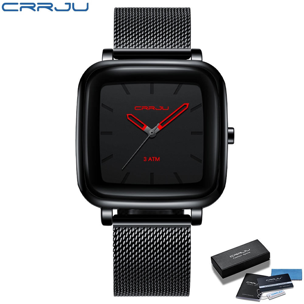 CRRJU Square Mens Watches Top Brand Luxury Quartz Stainless Steel Jam Tangan Pria Olahraga Tahan Air