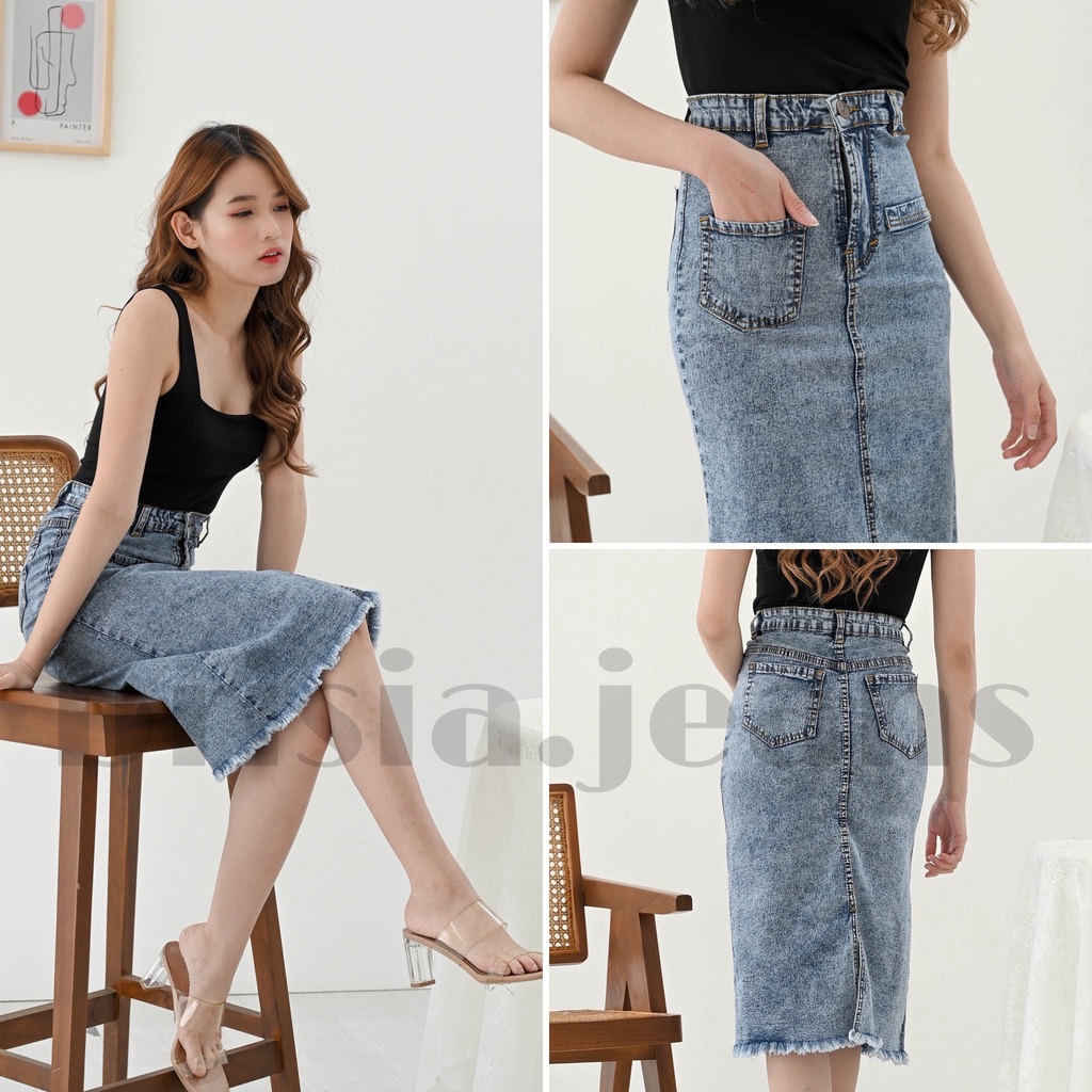 [SIZE 28-33] 3 WARNA - YURA Skirt Jeans 7/8 Rawis Snow Wash Acid / Rok Jeans Bawah Lutut Midi Skirt