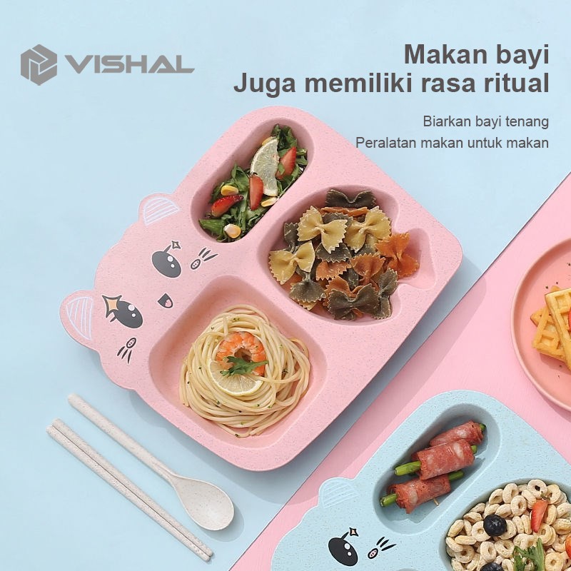 VISHAL Tempat Makan Set + Gelas + Mangkok / Tempat Sendok Garpu&amp;Amp Sumpit Piring Makan Anak Kartun