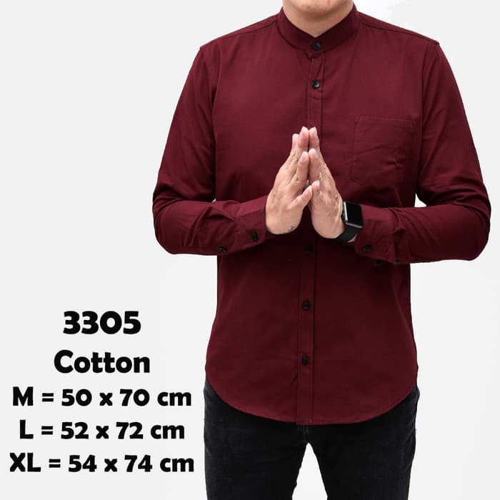 Kemeja Lengan Panjang Pria Merah Maroon Kerah Shanghai Polos Slimfit  - Maroon, M