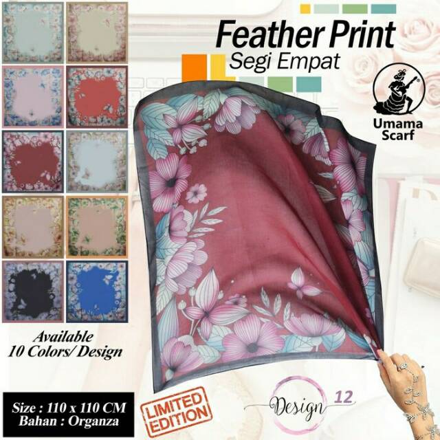 jilbab hijab kerudung segiempat feather print organza motif original umama murah 12
