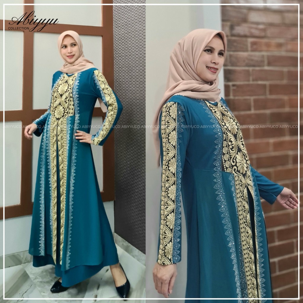 Abiyyuco GL1015 | Abaya Turkey Hitam dan Warna  Seragam Pengajian, Ready Turki Jumbo LD 125  Turky Bahan Jersey mix Ceruty dengan Bordir Renda dan Mote Swarovski,