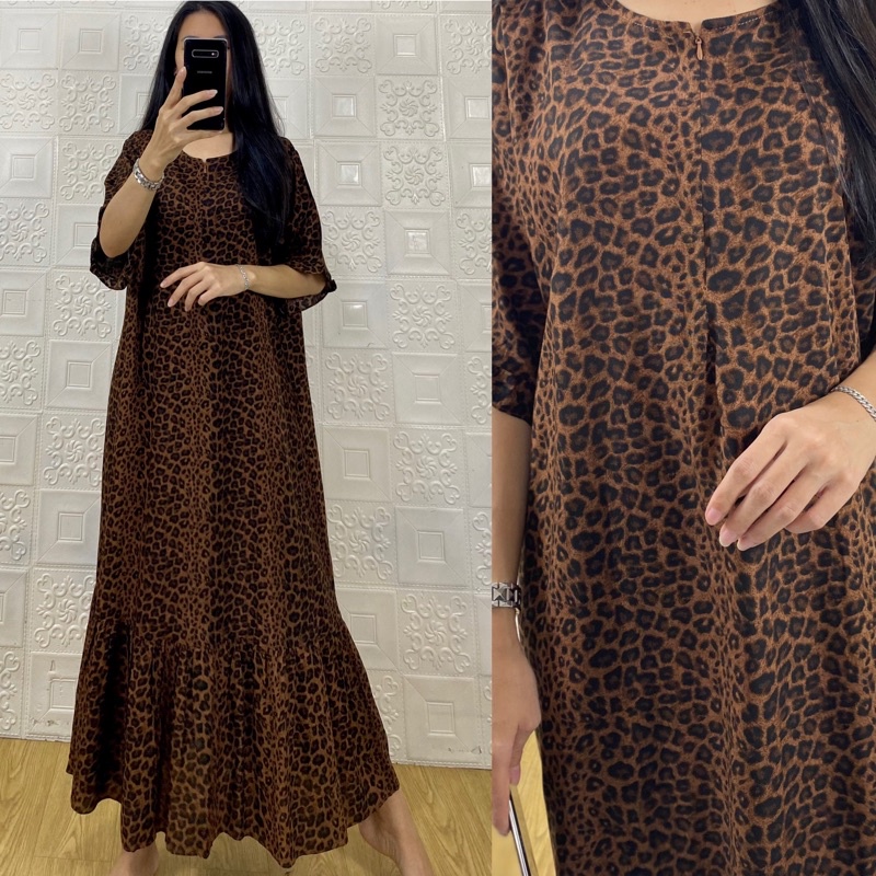 daster MONA tangan 3/4 PB 130cm /daster panjang rempel tangan 3/4  JUMBO premium sleting /busui/rempel tangan 3/4/ tangan pendek/ tali grosir ecer SEMATA KAKI RAYON-Mona leopart Ck