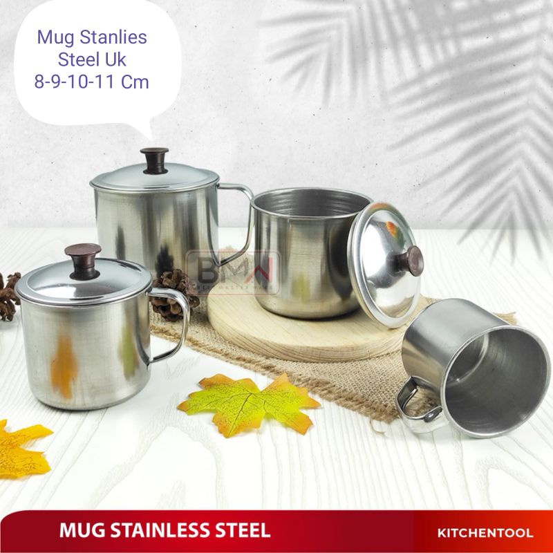 Mug Gelas Cangkir Teh Kopi Gagang Tutup Stanlies Steel