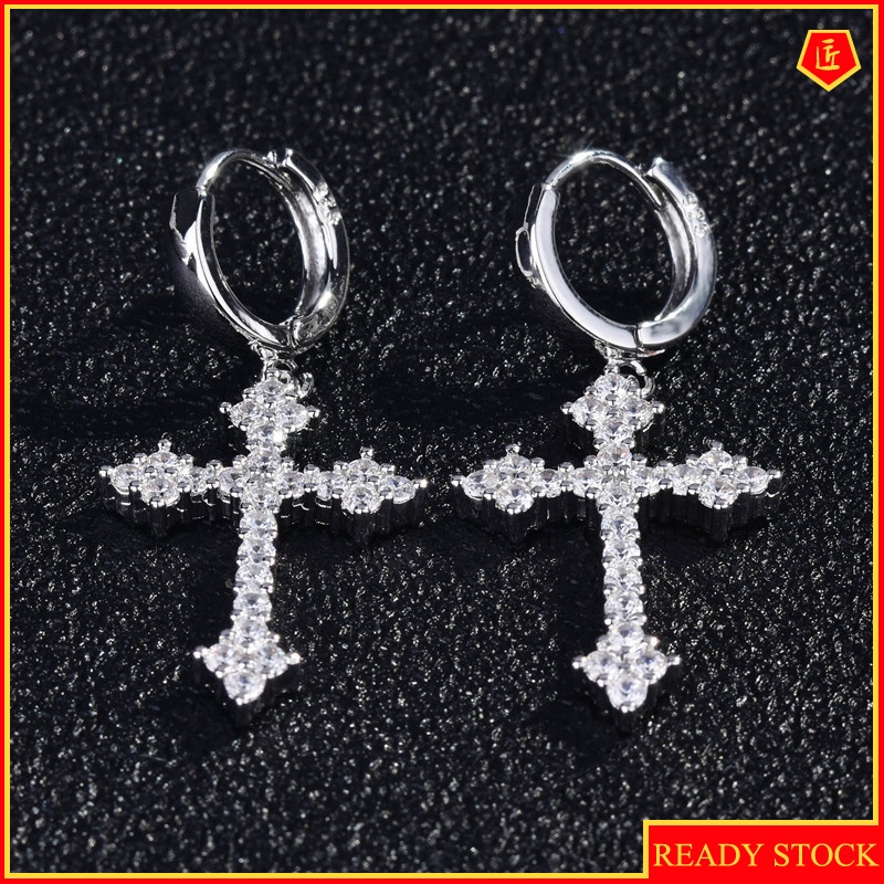 [Ready Stock]Refined Simple Micro-Inlaid Diamond White Cross Earrings