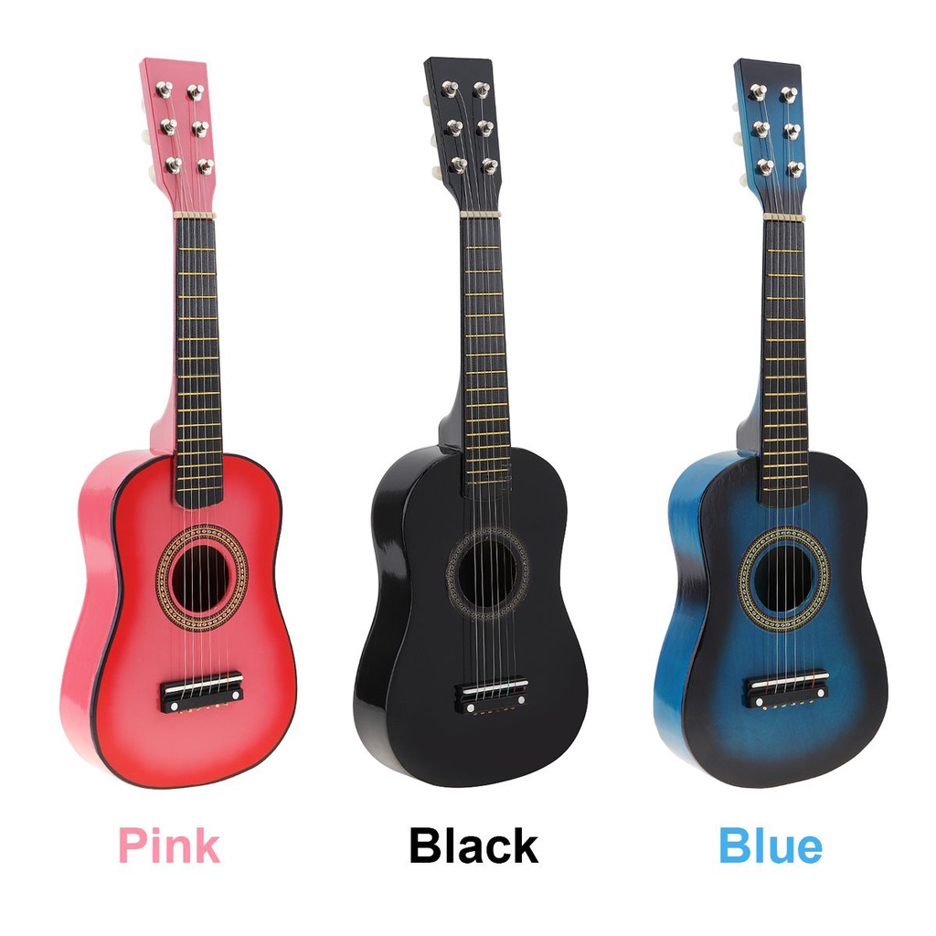 Gitar Akustik 23 Inci Bahan Basswood Hitam Dengan Senar Kawat Picks 3 Warna Untuk Anak Pemula