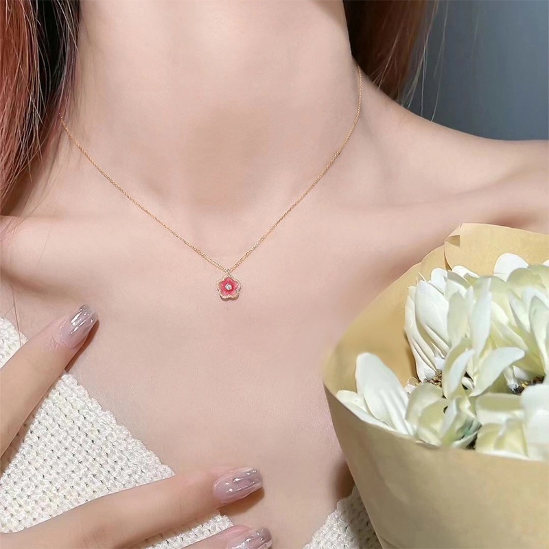 Kalung Rantai Dengan Liontin Bunga Peach Blossom Warna Pink Untuk Wanita