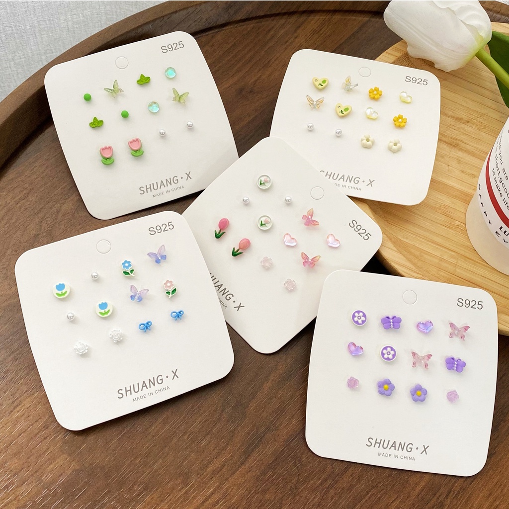 Set Anting Stud Desain Bunga Tulip Kupu-Kupu Aksen Mutiara Untuk Wanita