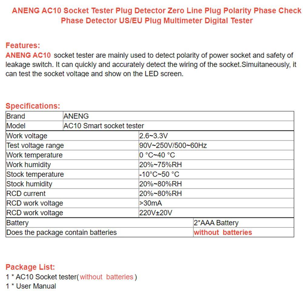 POPULAR Populer Digital Smart Socket Tester ANENG AC10 Electroscope US/UK/EU Plug Test Tegangan