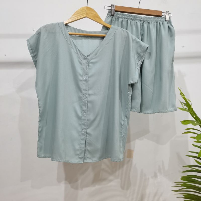 PIYAMA KANCING PENDEK HITS PIYAMA KANCIBG BUSUI | PIYAMA RAYON | HOMEWEAR-PDNK SOFTBLUE