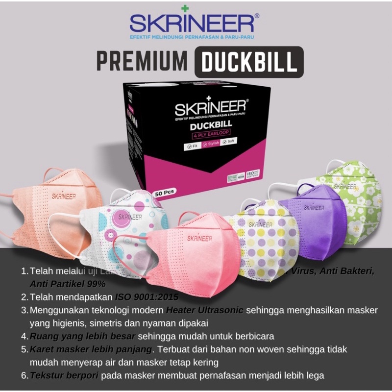 MASKER DUCKBILL SKRINEER 4 PLY ISI 30 Pcs EARLOOP /SKRINEER DUCKBILL MEDIS WARNA HITAM & PUTIH