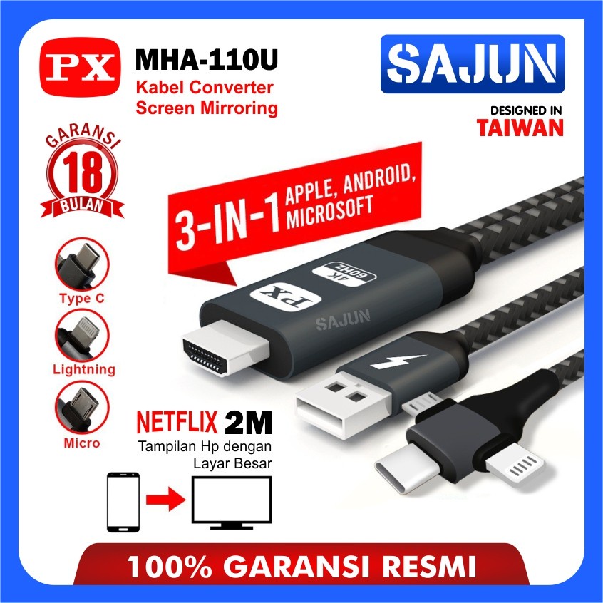 Kabel MHL PX MHA-110U HDMI To Micro TypeC Lightning ke TV IOS Android