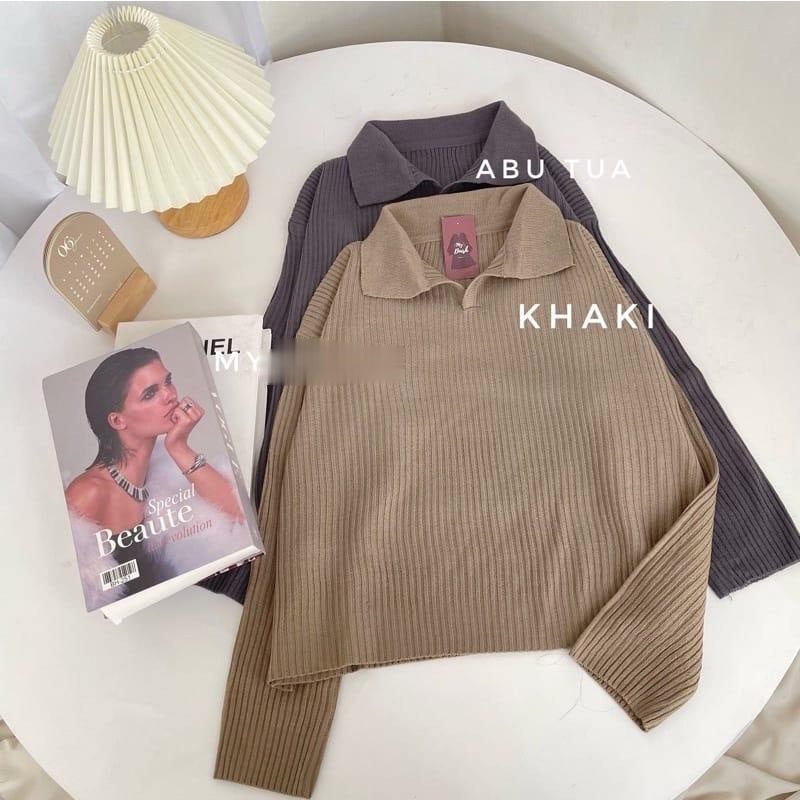 Tq88indonesia Baju Switer  Rajut Polos Wanita   / RJT Geani Crop Blouse Atasan Wanita Berkerah Polo / Ootd