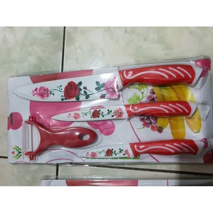 Pisau Dapur Keramik Motif Bunga 4 in 1 Premium High Quality Terlaris