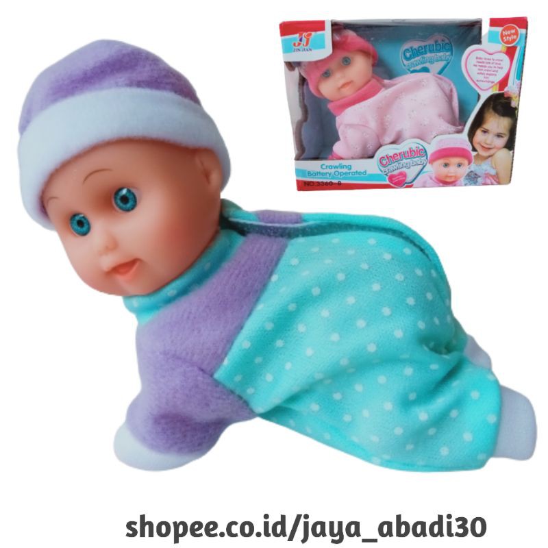 3360-8 Mainan anak boneka bayi merangkak memakai baterai kancing