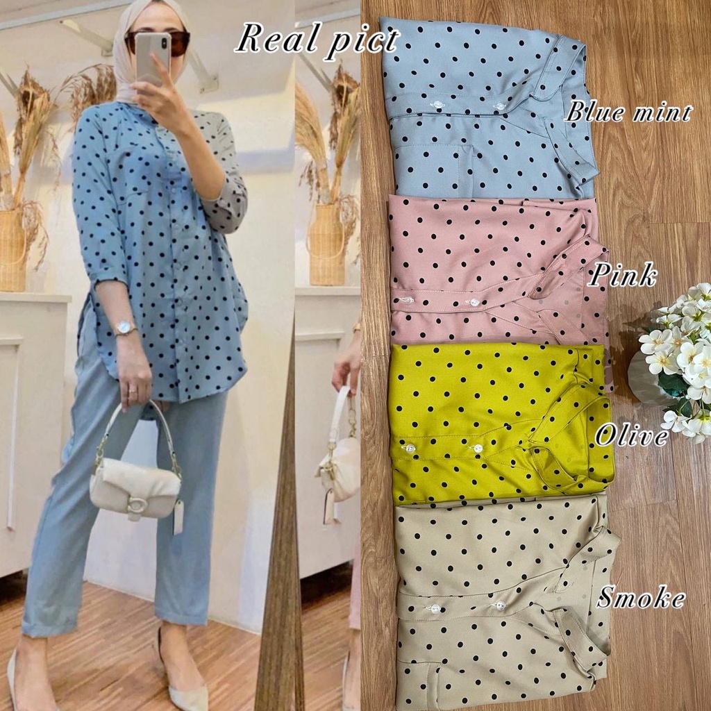 Berryset One Set Wanita Polkadot Shakila Kield Premium Baju Setelan Wanita Kekinian Set Celana Baggy Pants LD 110 cm