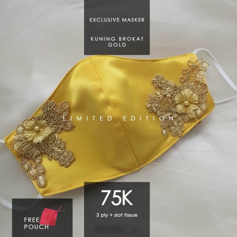 KUNING BROKAT GOLD..Masker Kain Brokat 3ply..Masker Fashion/Pesta/Wedding