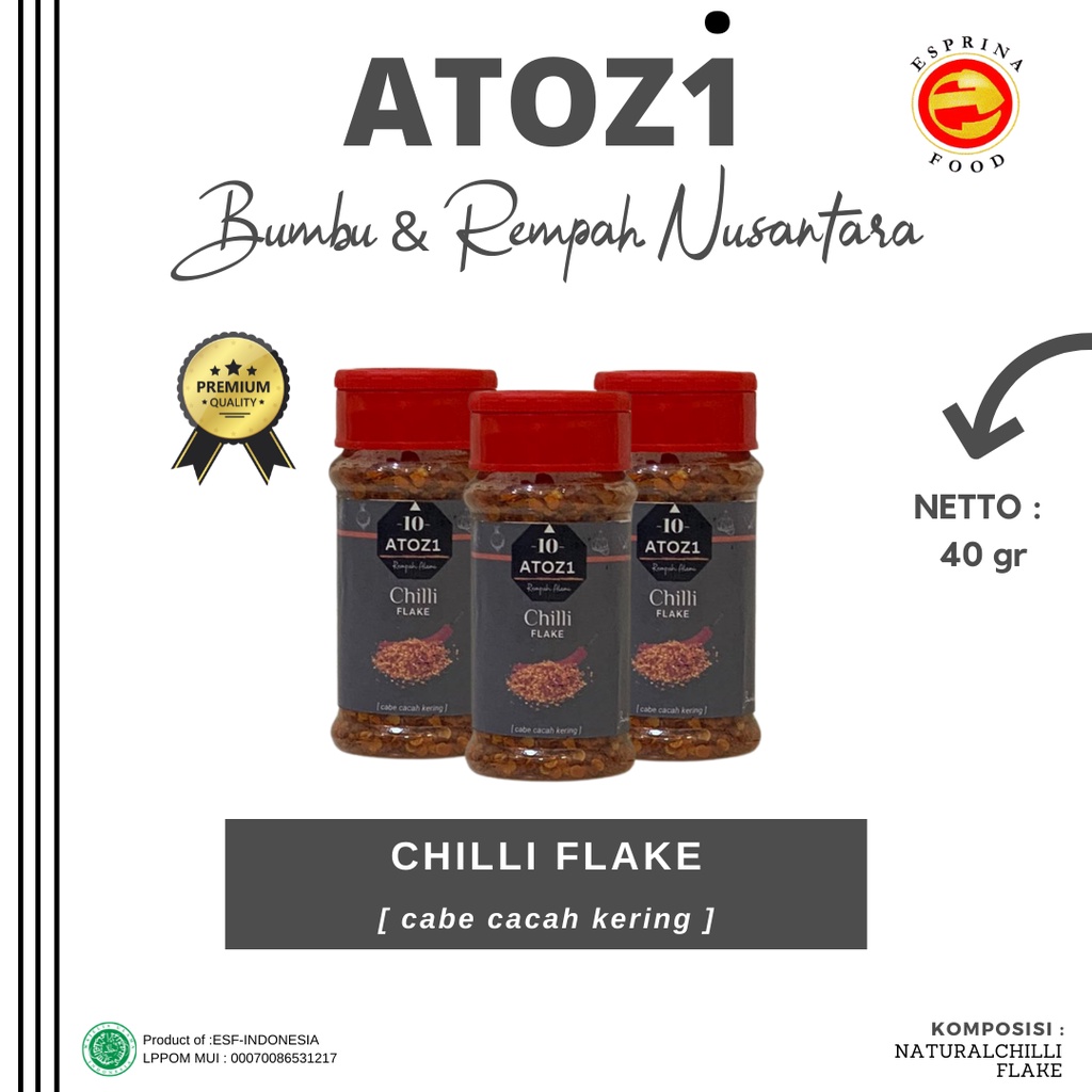 

CHILLI FLAKE - Cabe Cacah Kering - ATOZI - Kemasan botol 40 gram