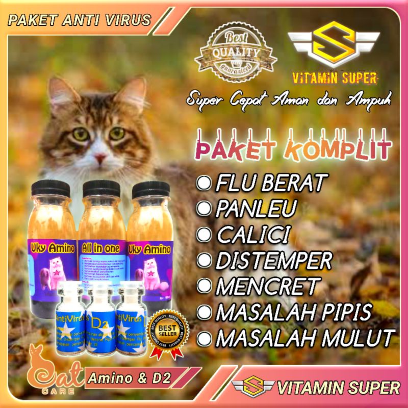 Vitamin Kucing Paket Anti Virus D2 Uky Amino dan WookuWooku for Cats | Obat Flu Berat, Panleu, Calici, Distemper, Mencret, Pipis Darah, Batuk, Muntah, Sariawan, Lemes, Imun dan Antibodi nya Kuat-Paket Komplit