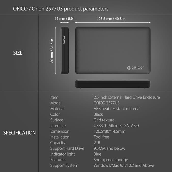 Orico 2577U3 HDD Enclosure 2,5&quot; USB 3.0