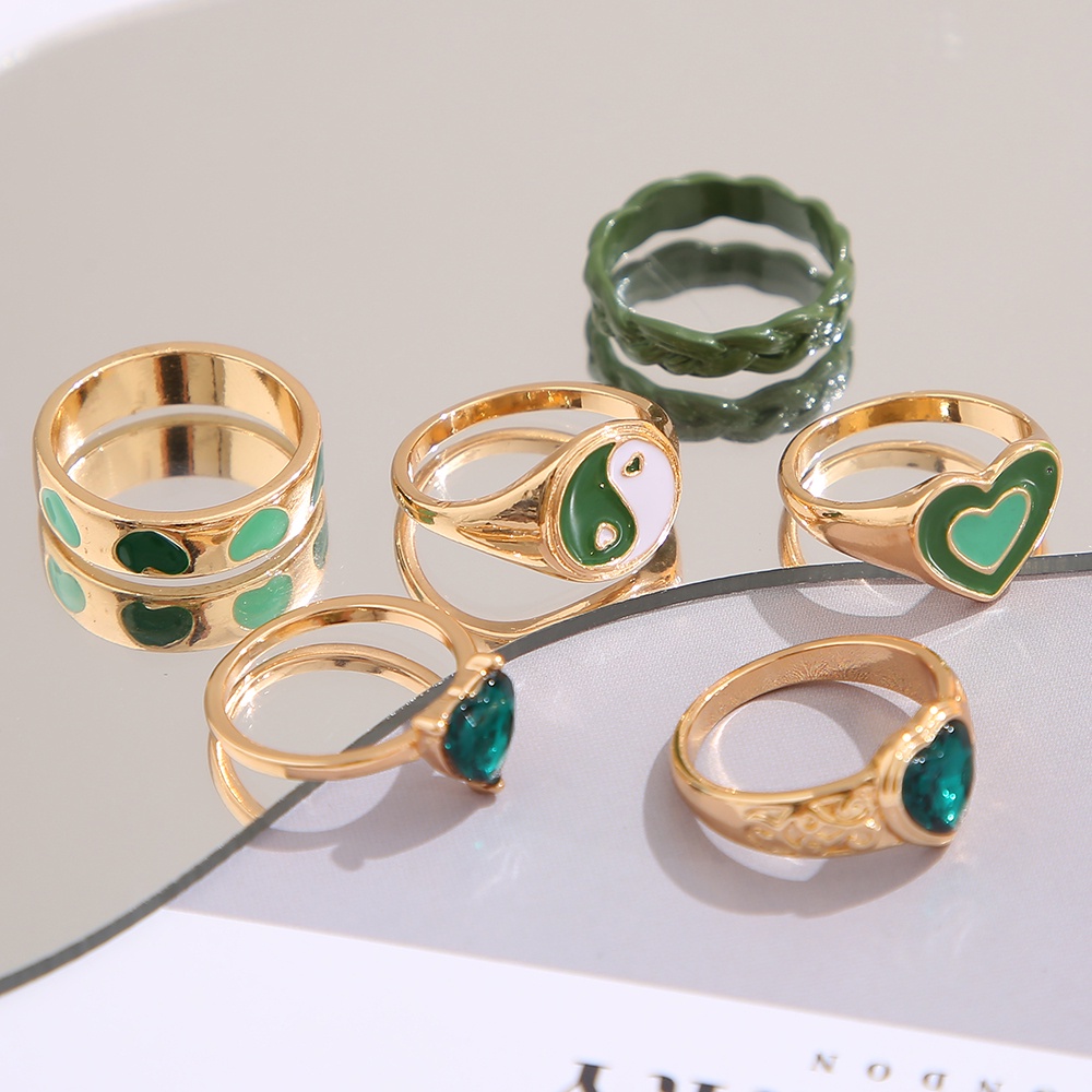 6pcs/set Green Heart Gold Rings Set Crystal Tai Chi Ring for Women Jewelry Fashion Accessories