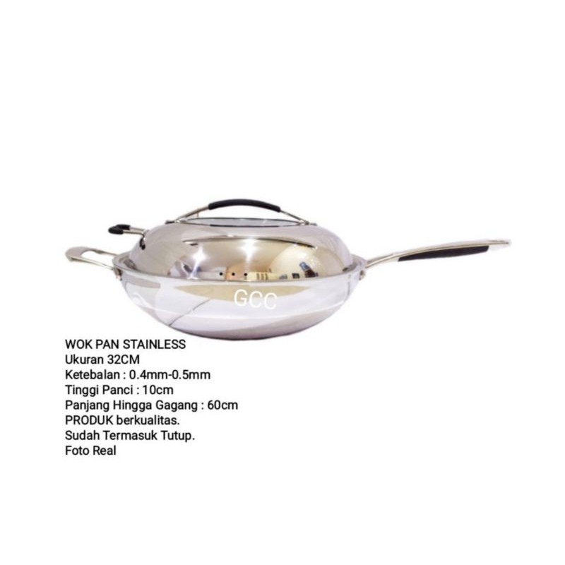 A1 Kuali Stainless Steel Tebal Model Tutup Elegan Wok Pan Stainless 32Cm Tutup Kaca