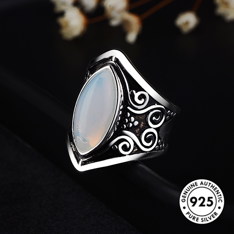 Cincin Batu Bulan Marcasite Bahan S925 Silver Gaya Retro